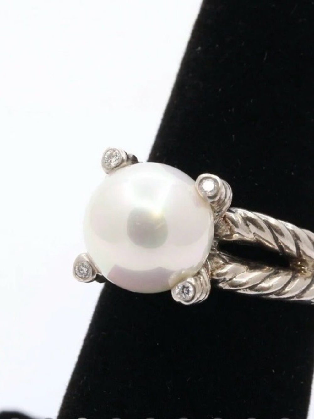 David Yurman sterling silver Pearl Cable Drop Earrings with pearl and diamonds - Picture 5 of 10